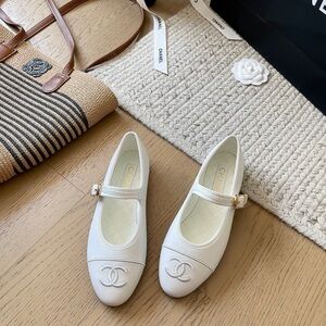 CHANEL Women's White CC Strap Ballet Flats